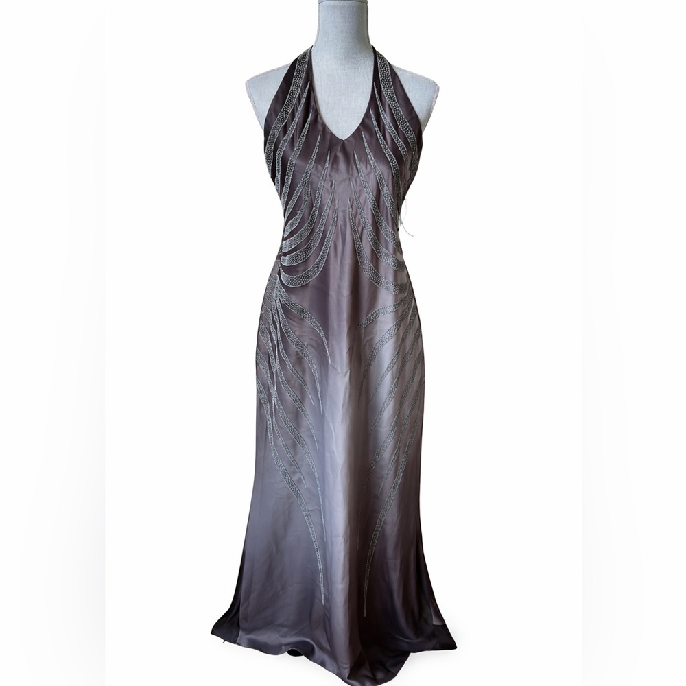 Maria Bonita USA Beaded Ombre Halter Gown XL Formal Evening Dress Gray Silver